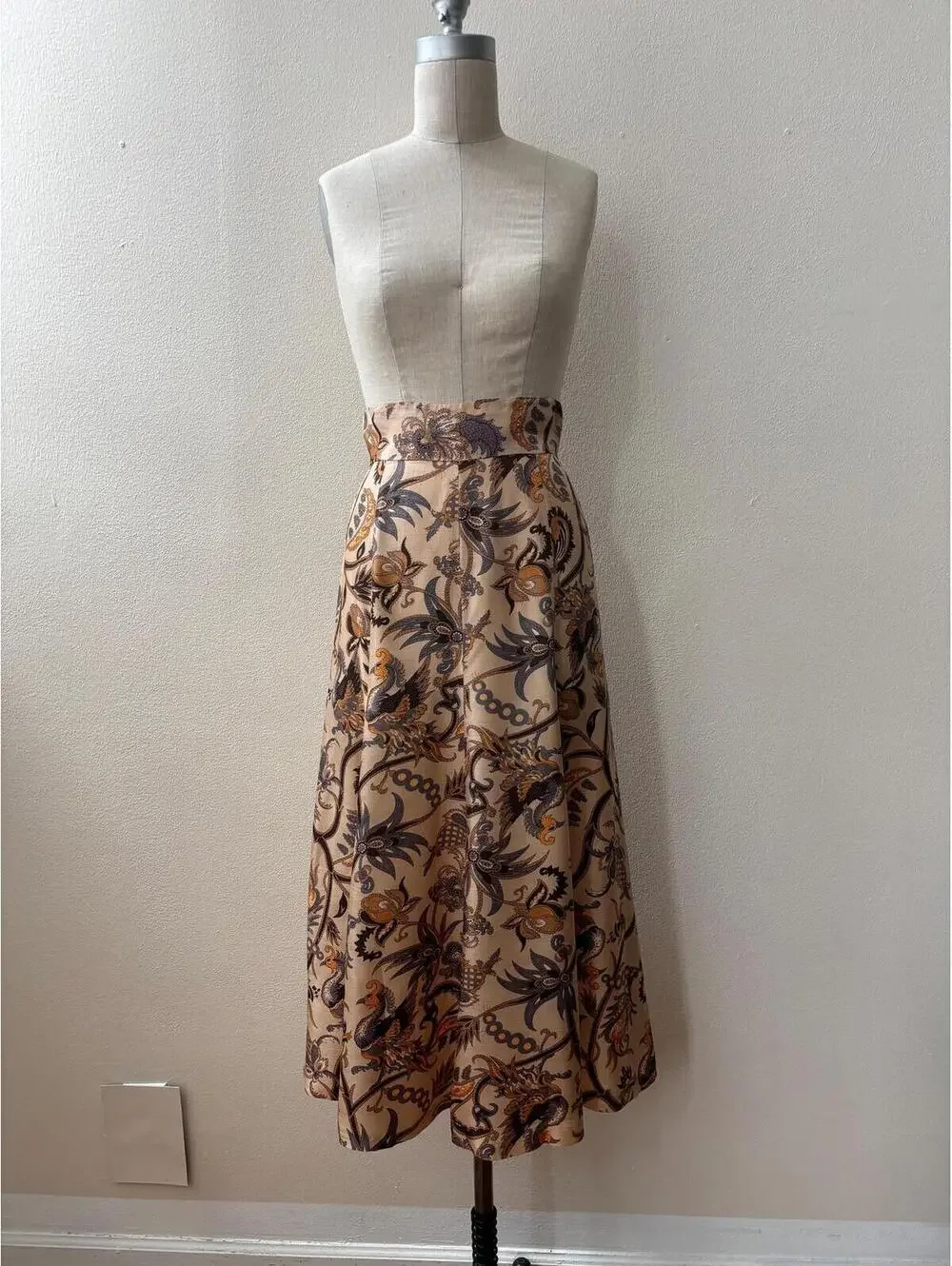 Vintage Batik Print Silk Midi Length Full Skirt